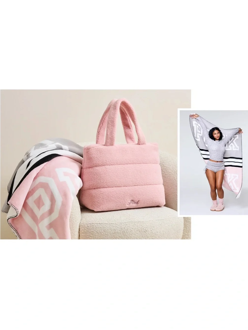 VS Pink’s Plush Pink Quilted Tote Soft Fuzzy Handbag and Cozy Pink Throw Blanket